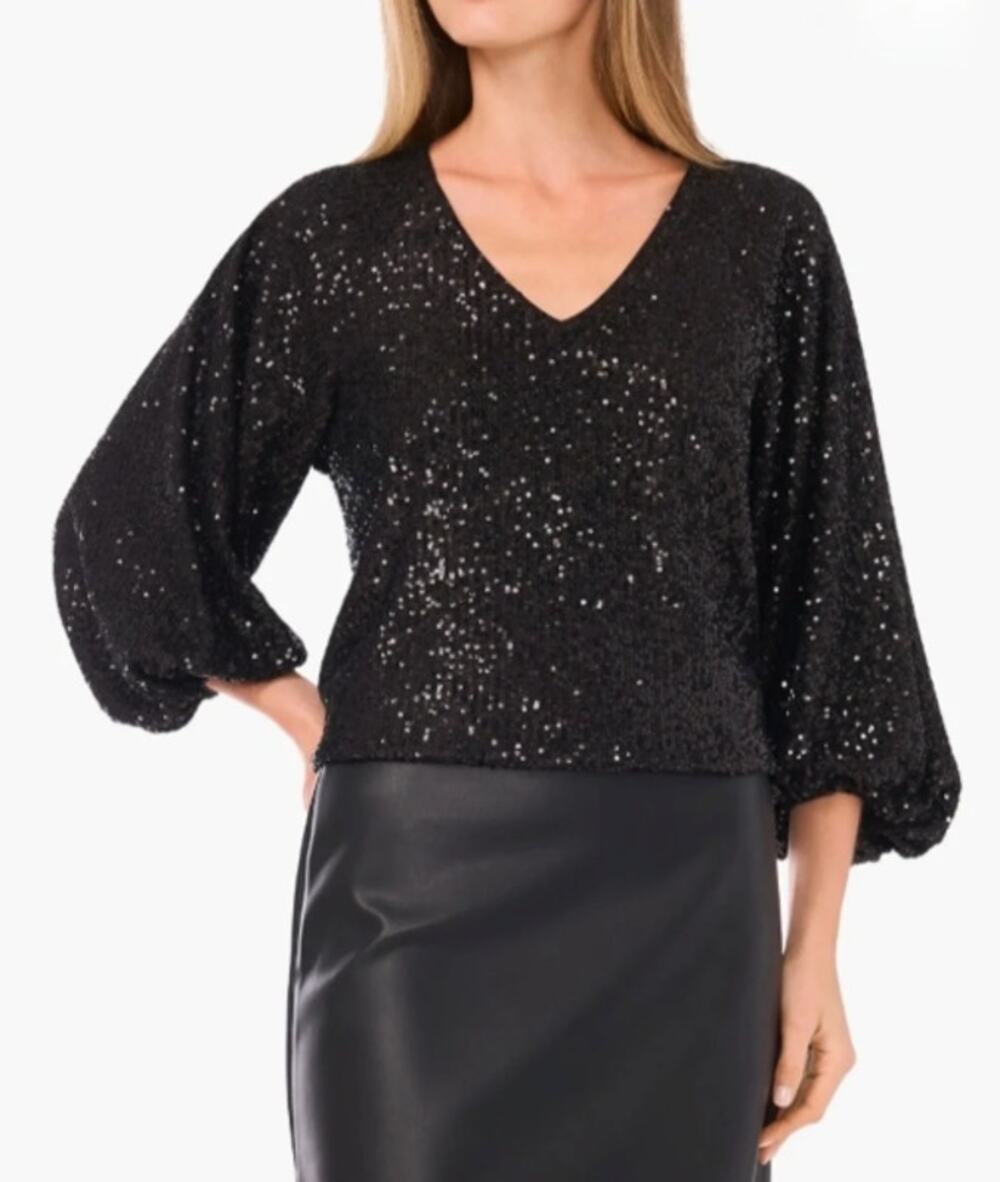 Vince Camuto Women's Sequin V-Neck Raglan Sleeve Top Black S